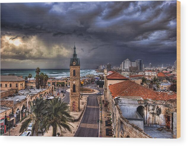 Clock Tower Wood Print featuring the photograph the Jaffa old clock tower by Ronsho