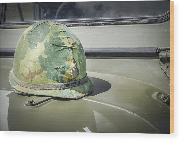 Bradley Clay Wood Print featuring the photograph Vintage Helmet on Jeep Hood by Bradley Clay