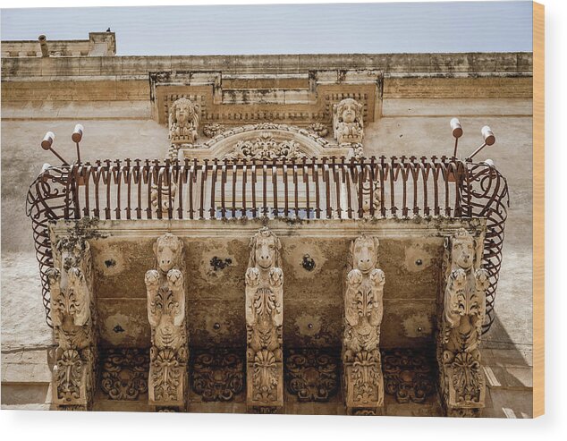 Aged Wood Print featuring the photograph NOTO, SICILY, ITALY - Detail of Baroque Balcony, 1750 #6 by Paolo Modena