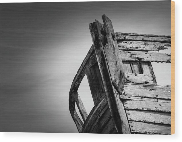 Dungeness Wood Print featuring the photograph Old Abandoned Boat Landscape BW by Rick Deacon