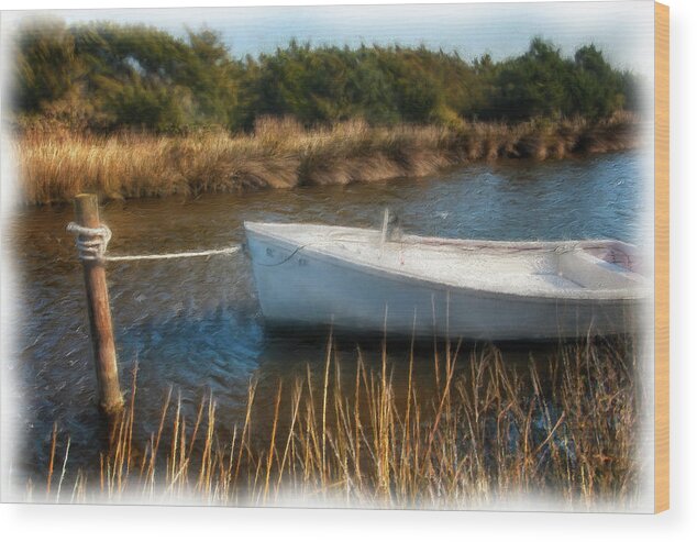 Outer Banks Wood Print featuring the painting Boat on Pamlico Sound Ocracoke Island Outer Banks AP by Dan Carmichael