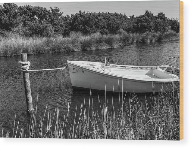 Ocracoke Island Wood Print featuring the photograph Boat on Pamlico Sound Ocracoke Island Outer Banks BW by Dan Carmichael