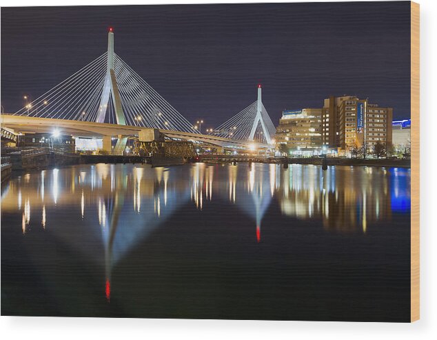 Boston Photographs Photographs Wood Print featuring the photograph BOSTON Zakim Memorial Bridge Nightscape II by Shane Psaltis