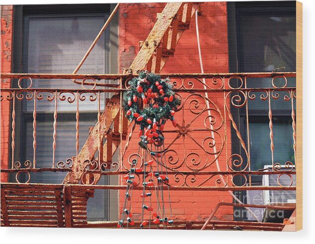 Christmas Lights On The Little Italy Fire Escape Wood Print featuring the photograph Christmas Lights on the Little Italy Fire Escape New York City by John Rizzuto