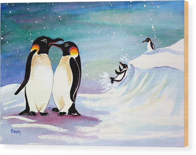Holiday Penguins Wood Print featuring the painting Holiday Penguins by Patricia Piffath