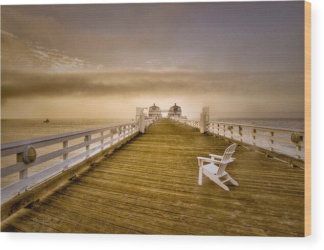 Malibu Wood Print featuring the photograph Malibu Pier Sunrise Foggy Morning by Connie Cooper-Edwards