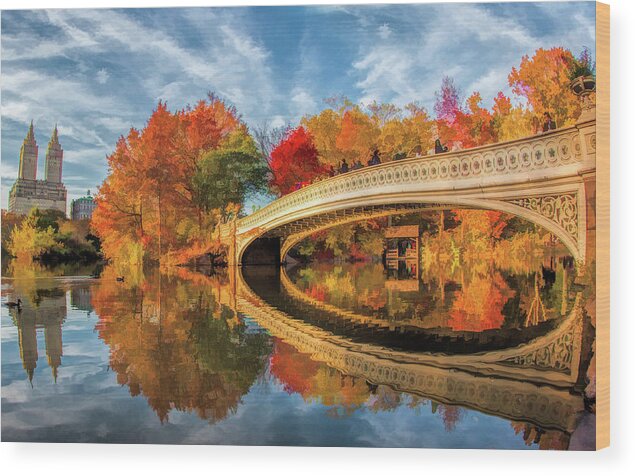 New York Wood Print featuring the painting New York City Central Park Bow Bridge by Christopher Arndt