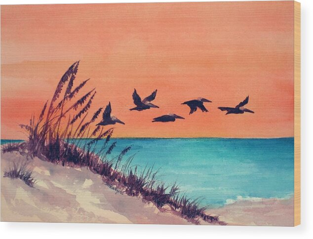 Seascape Wood Print featuring the painting Pelicans Flying Low by Suzanne Krueger