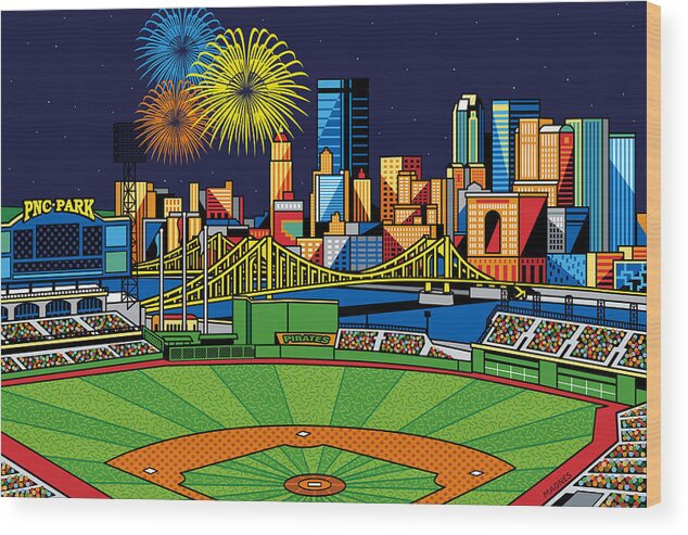 Pnc Park Wood Print featuring the digital art PNC Park fireworks by Ron Magnes
