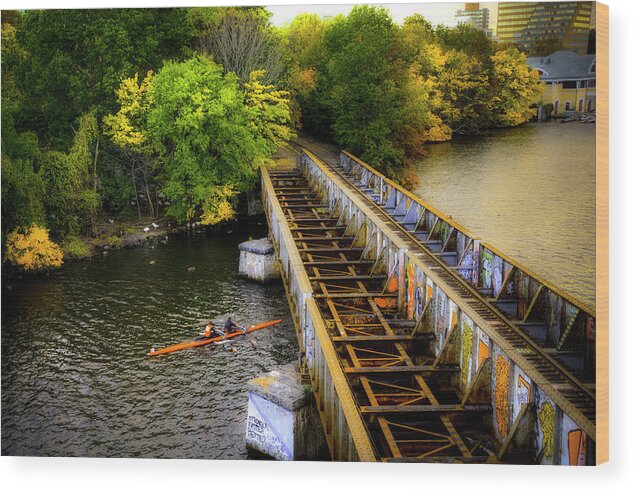 Bu Bridge Wood Print featuring the photograph Rowers under the Boston University Bridge by Joann Vitali