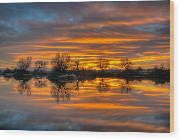 Hdr Wood Print featuring the photograph Sunrise Reflection in the River by Connie Cooper-Edwards