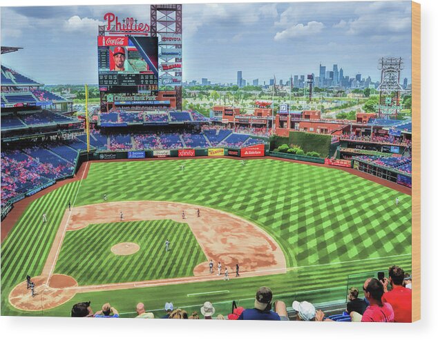 Philadelphia Phillies Wood Print featuring the painting Citizens Bank Park Philadelphia Phillies Baseball Ballpark Stadium by Christopher Arndt