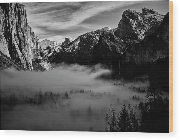 Black And White Wood Print featuring the photograph Fog in Yosemite by Jon Glaser