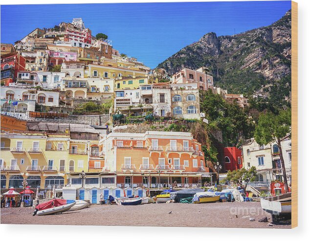 Positano Top View Wood Print featuring the photograph Top View at Positano Beach in Italy by John Rizzuto