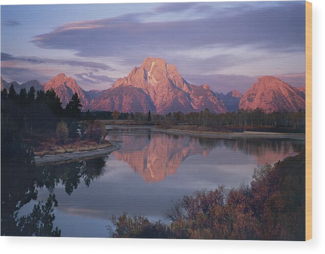 Inspirational Wood Print featuring the photograph Oxbow Bend at Sunrise, Wyoming by Bonnie Colgan