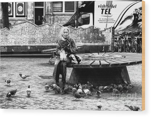 Feeding The Pigeons Wood Print featuring the photograph Amsterdam Feeding the Pigeons by John Rizzuto