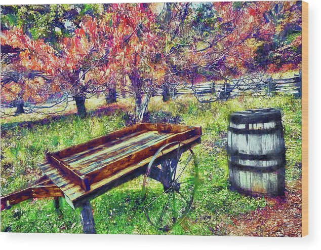 Autumn Wood Print featuring the painting Autumn Wagon and Barrel ap by Dan Carmichael