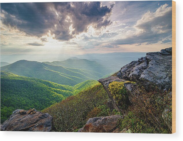 Outdoors Wood Print featuring the photograph Blue Ridge Mountains NC Craggy Pinnacle Rays by Robert Stephens