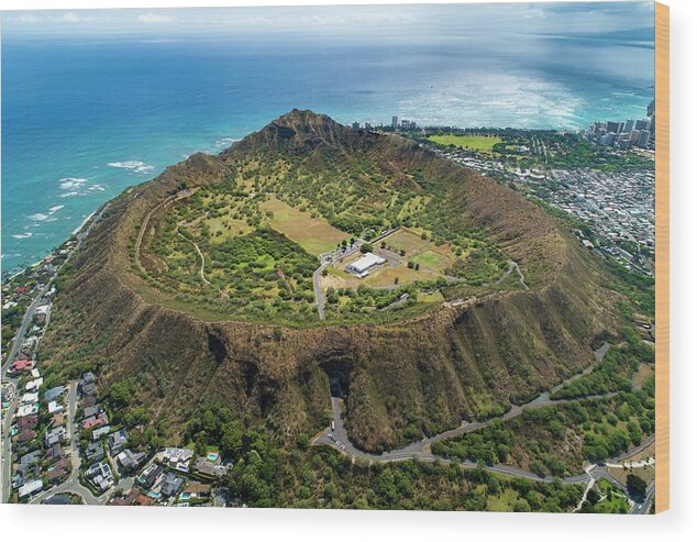 Diamond Head Hawaii Aerial Wood Print featuring the photograph Diamond Head Hawaii by Leonardo Dale