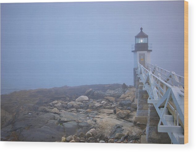 Maine Wood Print featuring the photograph Marshall Point Light -- Fog by Jonathan Sabin