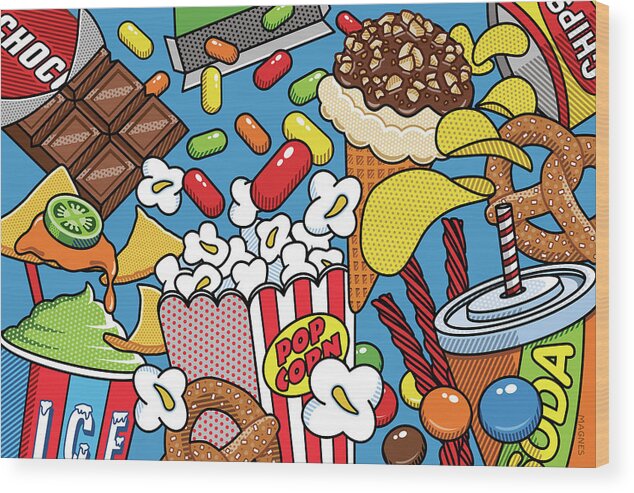 Pop Art Wood Print featuring the digital art Movie Night Snacks by Ron Magnes
