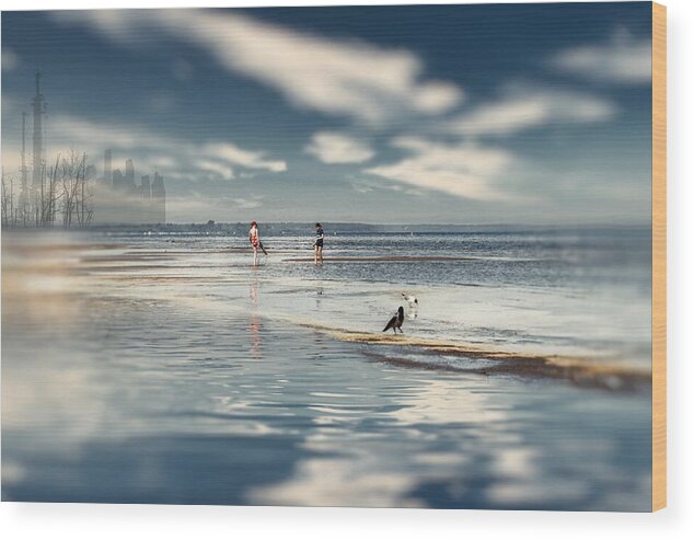 Season Wood Print featuring the mixed media Children In Fantasy And Reality By The Sea In Jurmala Latvia by Aleksandrs Drozdovs