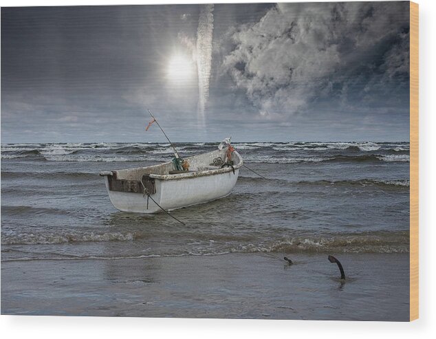 Seascape #nature Photography #jurmala Nature #lonely Boat #time To Raise Anchors #blue Sky #winter Sunshine #fisherman Wharf # Wood Print featuring the photograph Time To Raise Anchors Latvia by Aleksandrs Drozdovs