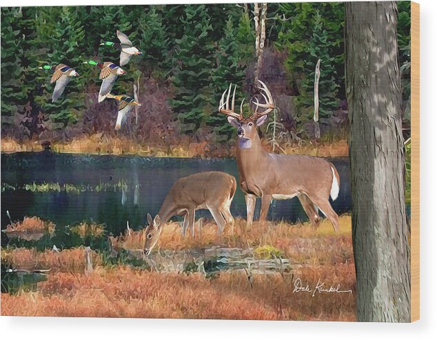 Whitetail Deer Wood Print featuring the painting Whitetail Deer Art Print - Deer Lake by Dale Kunkel Art