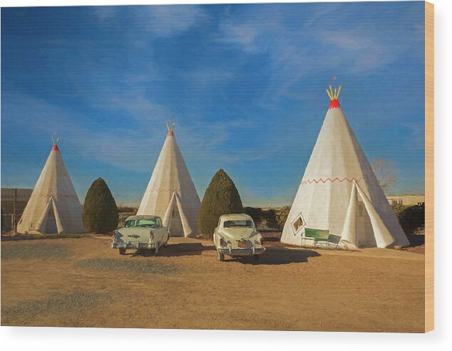 © 2015 Lou Novick All Rights Reserved Wood Print featuring the digital art Wigwam Hotel #6 by Lou Novick