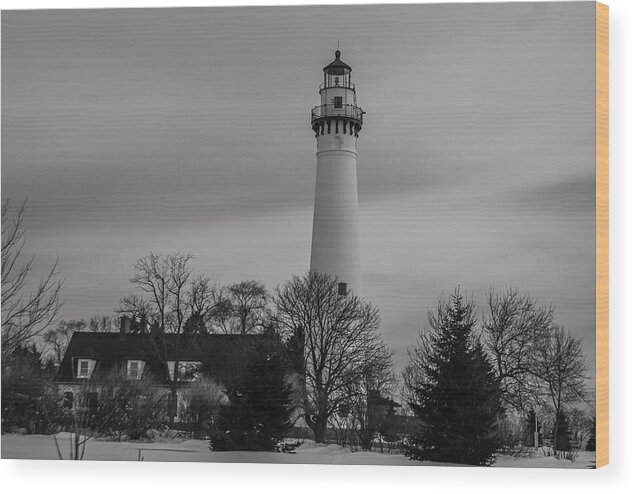 Architecture Wood Print featuring the photograph Wind Point Light - Winter black and white by Deb Beausoleil
