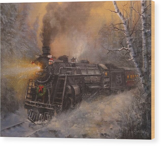 Trains Wood Print featuring the painting Christmas Train in Wisconsin by Tom Shropshire