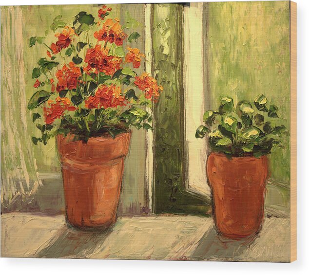 Nancy Kominsky Wood Print featuring the painting Geraniums in the Window Paint Along with Nancy PBS by Michaelalonzo Kominsky