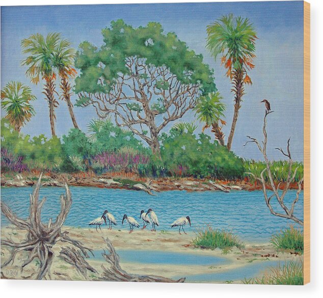 Wood Storks Wood Print featuring the painting Wood Stork Beach Party by Dwain Ray
