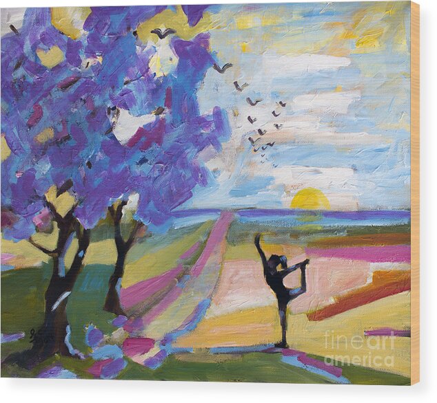 Yoga Wood Print featuring the painting Yoga Under The Jacaranda Trees by Ginette Callaway
