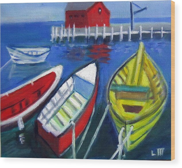 Sea Wood Print featuring the painting Four Boats by Lia Marsman