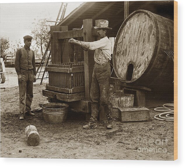 Making Wine Wood Print featuring the photograph Making wine old wine press circa 1905 by Monterey County Historical Society