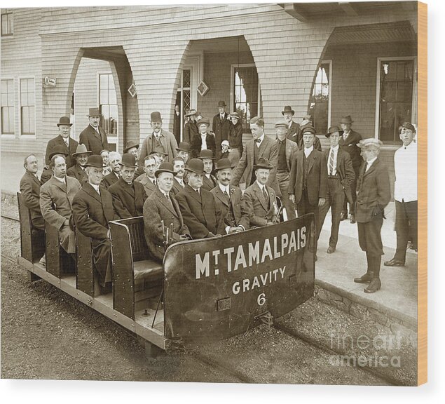 Tavern Of Tamalpais Wood Print featuring the photograph Gravity Car No. 6, passengers and a Gravity-Man at the Porch of the Tavern of Tamalpais by Monterey County Historical Society