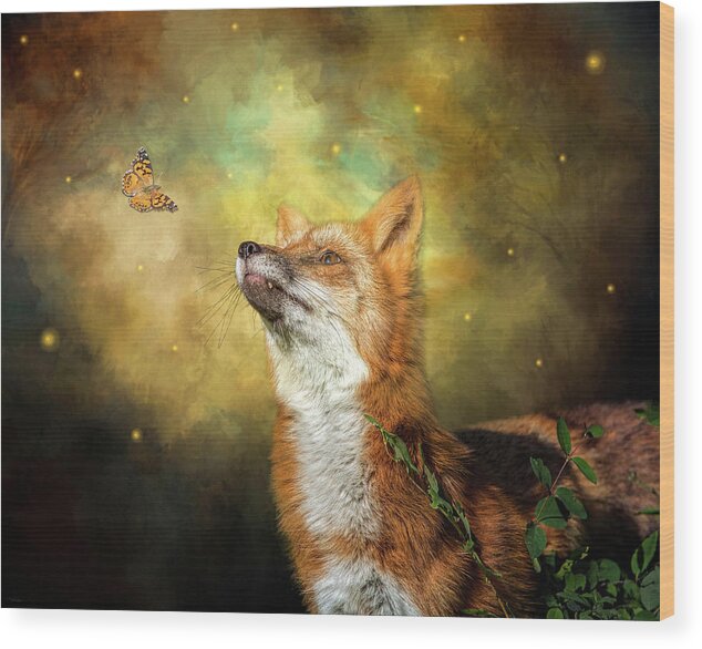 Fox Wood Print featuring the digital art Friends on a Firefly Evening by Nicole Wilde