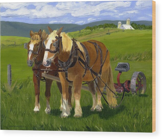 Amish Work Horses Wood Print featuring the painting A Pause in the Mowing by Barb Pennypacker