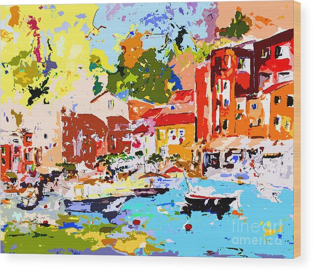 Portofino Wood Print featuring the painting Abstract Portofino Italy Decorative Art by Ginette Callaway