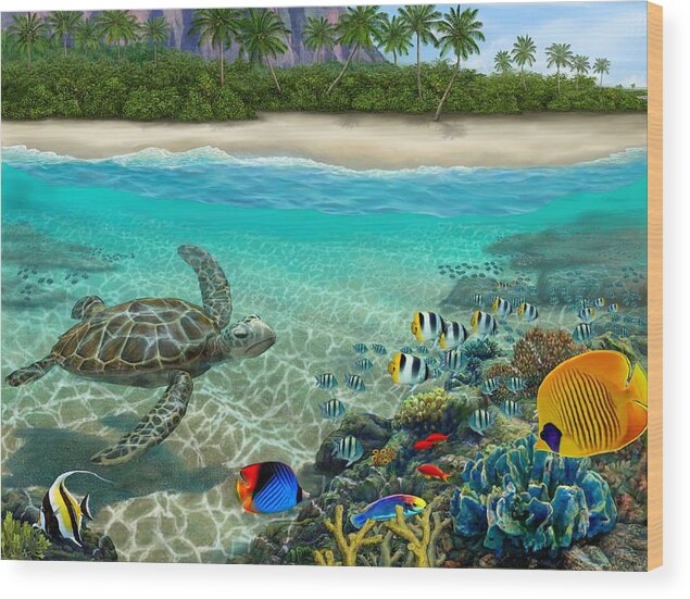 Hawaii Seascape Wood Print featuring the painting Hawaiian Sea Turtle by Stephen Jorgensen