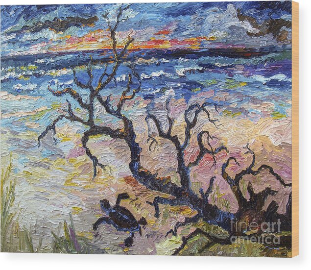 Beach Wood Print featuring the painting Loggerhead Baby Turtle Beach and Sunrise by Ginette Callaway