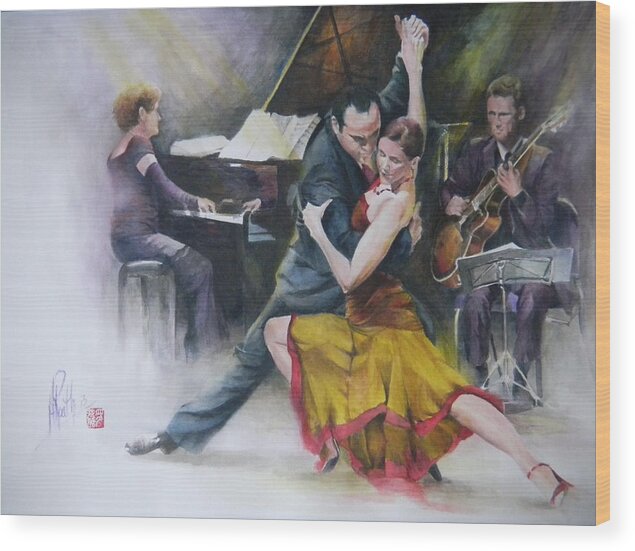 Watercolor Dance Wood Print featuring the painting Tango by Alan Kirkland-Roath