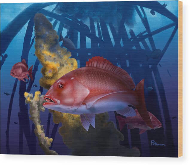 Red Snapper Wood Print featuring the digital art The Rigs by Kevin Putman