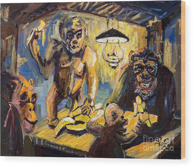 Apes Wood Print featuring the painting The Banana Eaters #1 by Ginette Callaway