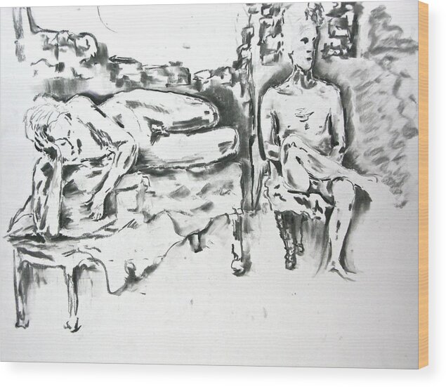  Wood Print featuring the drawing 2 Men And Broken Wall by Brian Sereda