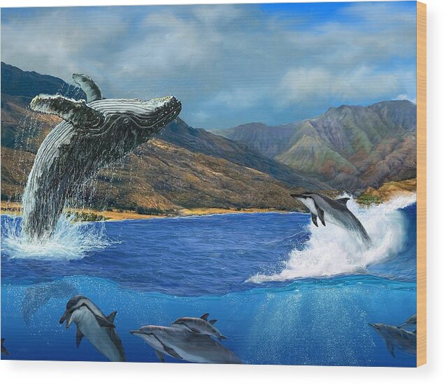 Breaching Wood Print featuring the painting Breaching Humpback Whale at West Maui by Stephen Jorgensen