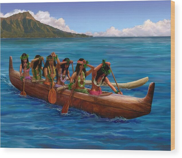 Hawaii Wood Print featuring the painting Wahine Hawaiian Canoe Paddlers by Stephen Jorgensen