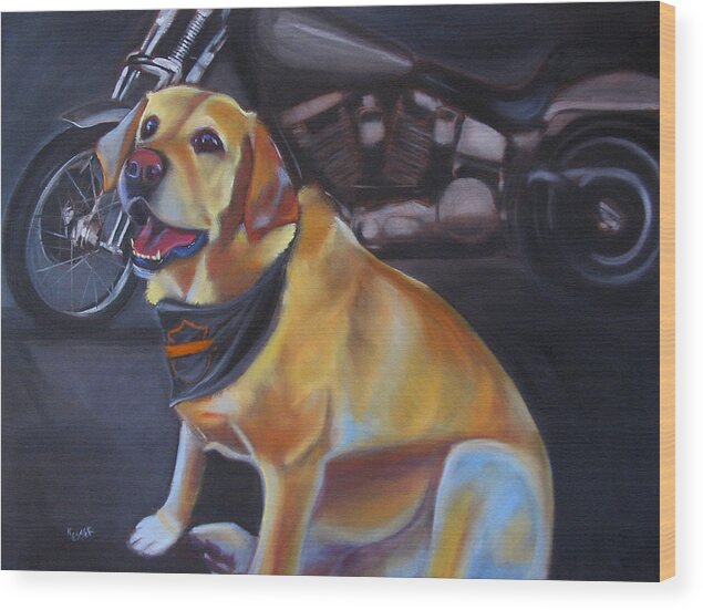 Yellow Labrador Retreiver Painting Wood Print featuring the painting George and the Harley by Kaytee Esser