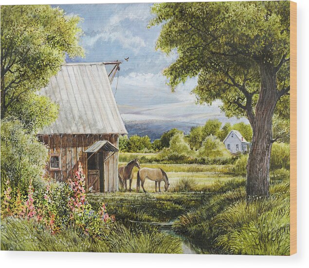 Pastoral Scene Wood Print featuring the painting Horses and Hollyhocks by Steve Spencer